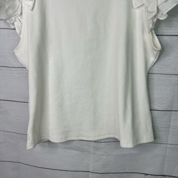 Anthropologie Womens size Large Ruffle Short Sleeve Ribbed Top White - Picture 4 of 8